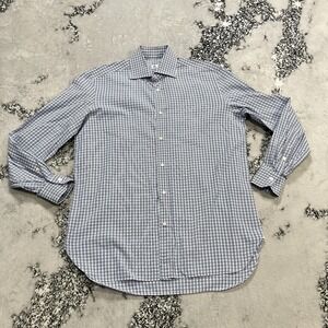 Borrelli Napoli Mens Sz 15.5 39 Blue Check Dress Shirt Made In Italy Cotton